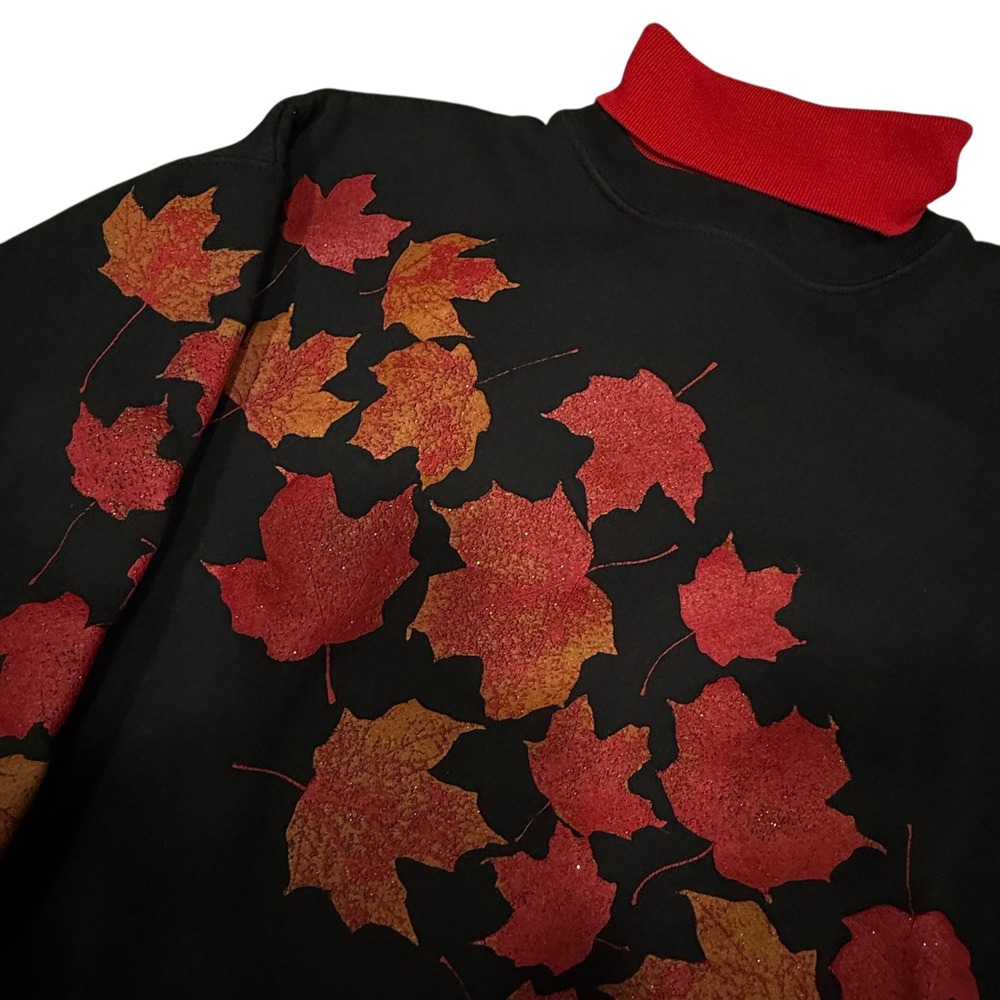 AJ Sportswear Fall Leaves Mock Neck Sweatshirt Pullover VTG Retro  Red Black M